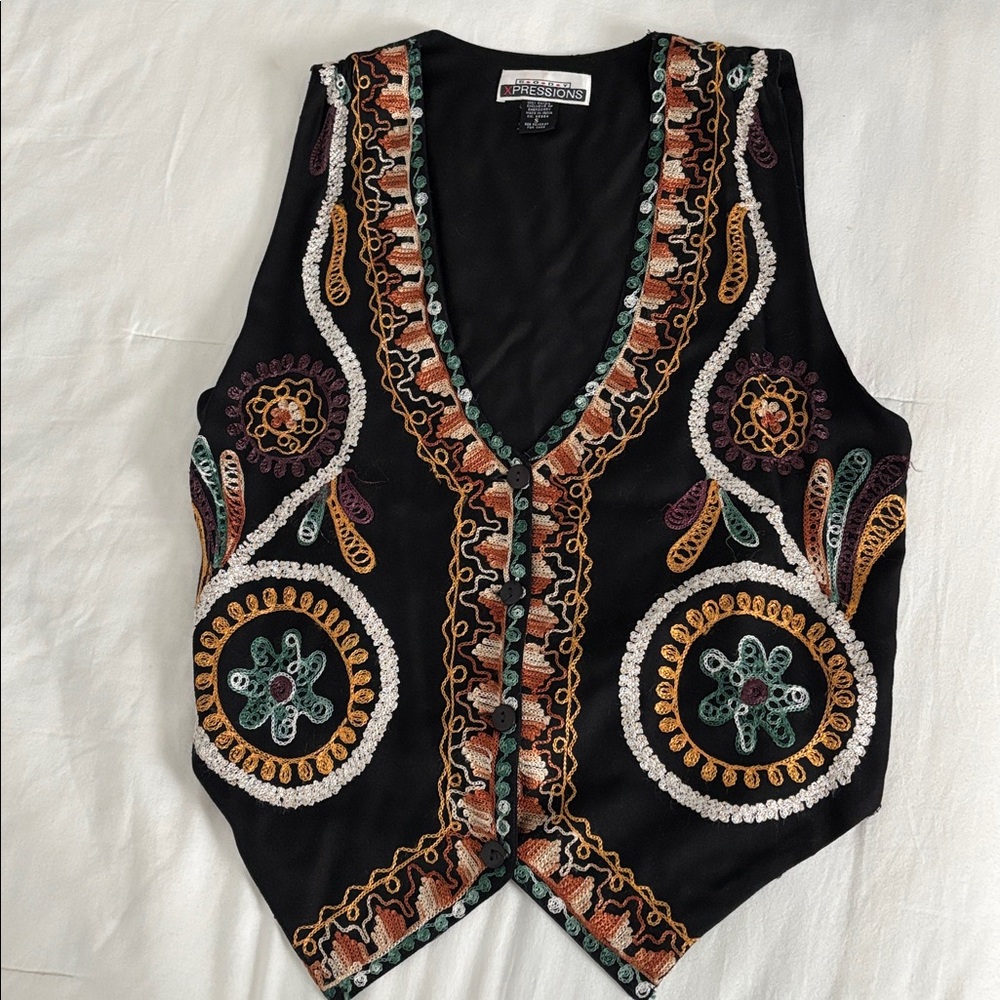 Black Vintage Vest Embroidered pattern boho